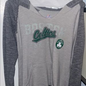 Boston Celtics woman’s size large gray hoodie, faded writing fleece material